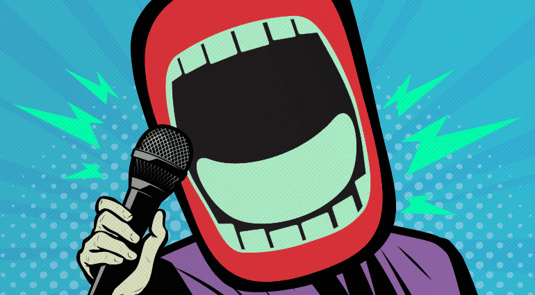 Een levendige illustratie in stripstijl van een zanger met een overdreven open mond, die een microfoon vasthoudt, symbool voor krachtige vocals en podiumenergie.
