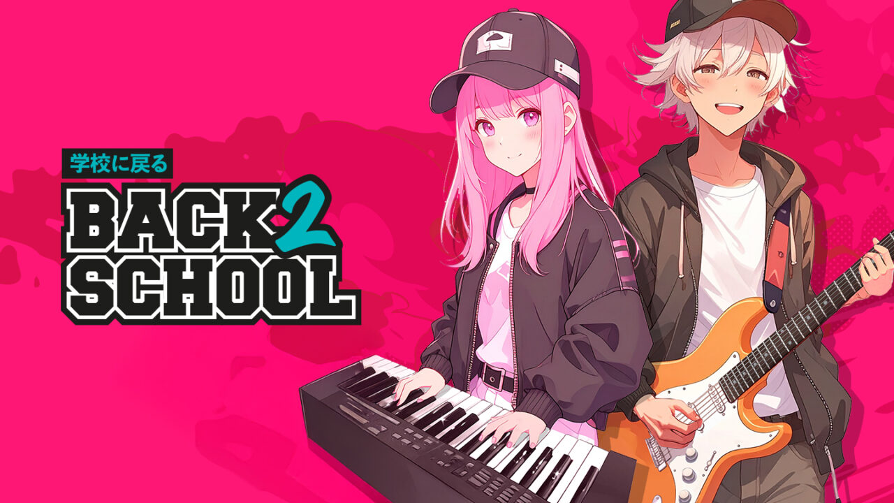 Twee jonge muzikanten met keyboard en elektrische gitaar op felroze achtergrond – Back 2 School muziekinstrumentencampagne