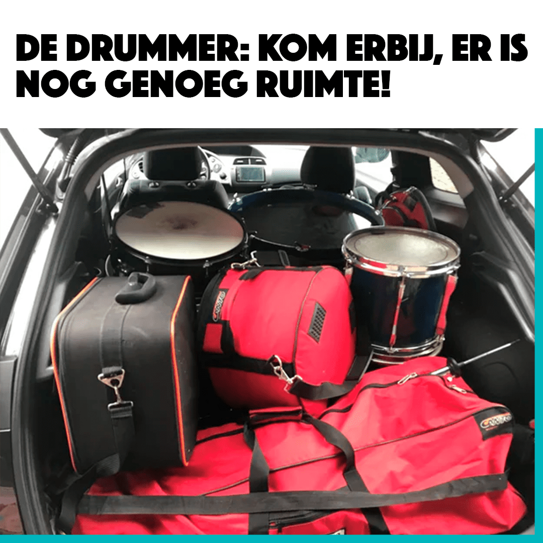 Een klassiek muzikanten-grapje: terwijl gitaristen en zangers licht reizen, heeft de drummer altijd de meeste spullen om mee te slepen!