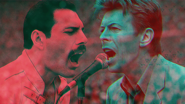 Freddie Mercury en David Bowie samen op het podium – een iconische muzikale samenwerking uit Under Pressure.