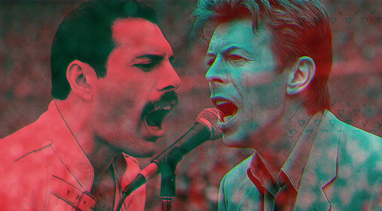 Freddie Mercury en David Bowie samen op het podium – een iconische muzikale samenwerking uit Under Pressure.