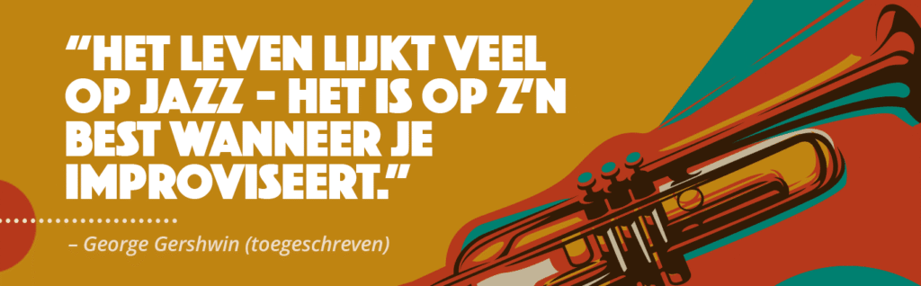 Internationale Jazzdag | Trompetillustratie met citaat: 'Het leven is als jazz – het gaat het beste als je improviseert,' toegeschreven aan George Gershwin