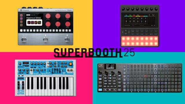 Colorful collage of new synths, sequencers, and music gear from Superbooth 25, featuring devices by Polyend, Novation, 1010music, and Oxi Instruments