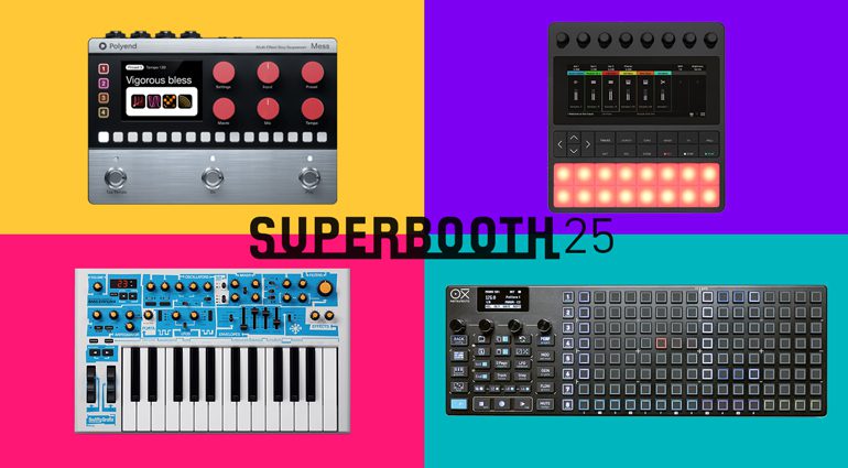 Colorful collage of new synths, sequencers, and music gear from Superbooth 25, featuring devices by Polyend, Novation, 1010music, and Oxi Instruments