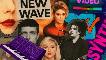 Collage van iconische new wave en synth-pop artiesten uit de jaren 80 met MTV-logo, synthesizer en vintage visuals