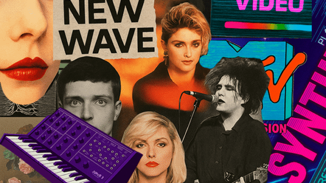 Collage van iconische new wave en synth-pop artiesten uit de jaren 80 met MTV-logo, synthesizer en vintage visuals