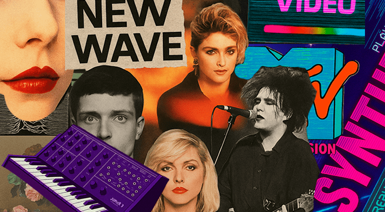Collage van iconische new wave en synth-pop artiesten uit de jaren 80 met MTV-logo, synthesizer en vintage visuals
