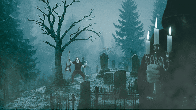 Sombere begraafplaats met een gitarist in corpse paint en een gehulde figuur met een kandelaar, als weerspiegeling van de donkere subgenres van metalmuziek – van doom tot black metal.