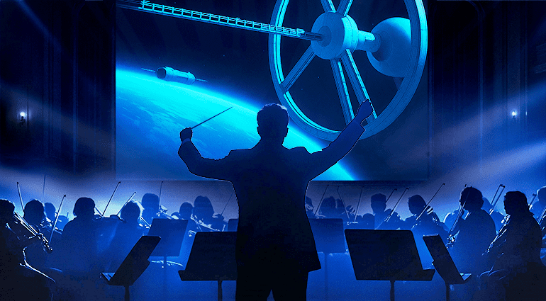 Dirigent en orkest voeren uit met een ruimtestation op de achtergrond, verwijzend naar de scène met An der schönen blauen Donau uit 2001: A Space Odyssey