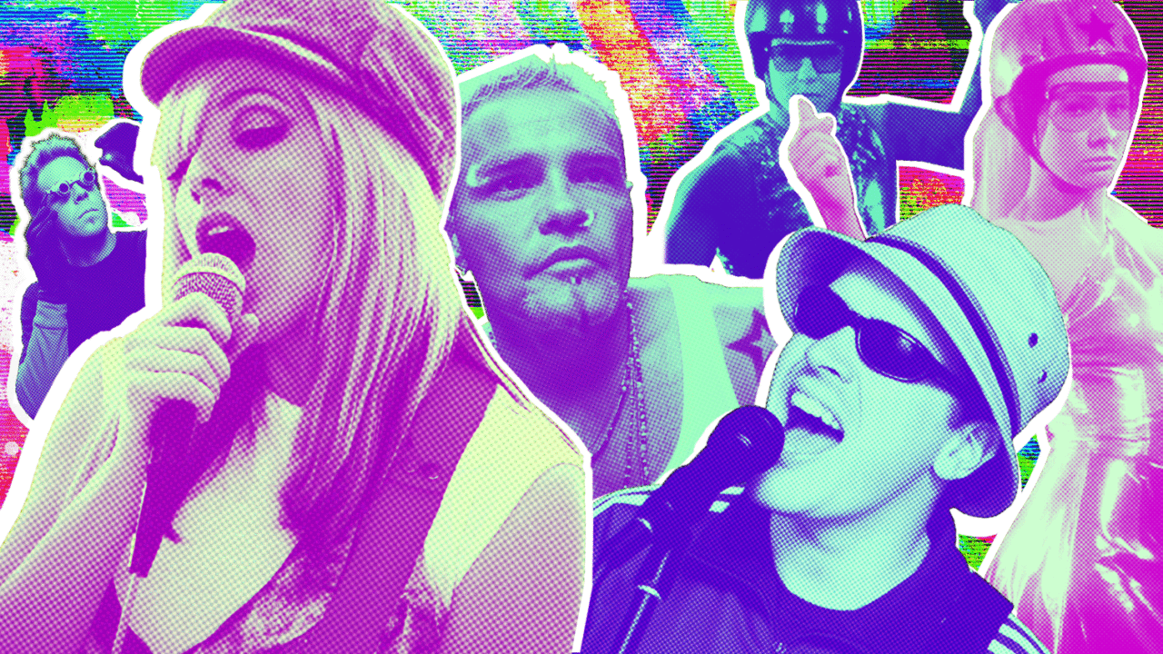 Kleurrijke collage van one-hit wonder artiesten uit de jaren 2000, zingend en performend met retro popart-effecten