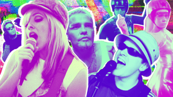 Kleurrijke collage van one-hit wonder artiesten uit de jaren 2000, zingend en performend met retro popart-effecten