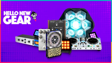 Headerafbeelding voor de blog "New Gear September 2025", met diverse muziekapparatuur zoals de Rane One MKII DJ-controller, Behringer BM-12 ringmodulator, Soundboks Lightboks LED-verlichting en andere audiogear op een levendige paarse achtergrond, met de tekst "Hello New Gear" en een roboticoon.