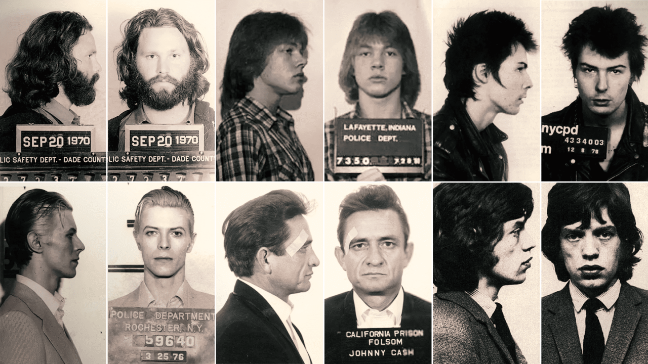 Collage van legendarische mugshots van rocksterren en de verhalen erachter, waaronder Jim Morrison, David Bowie, Johnny Cash en Mick Jagger
