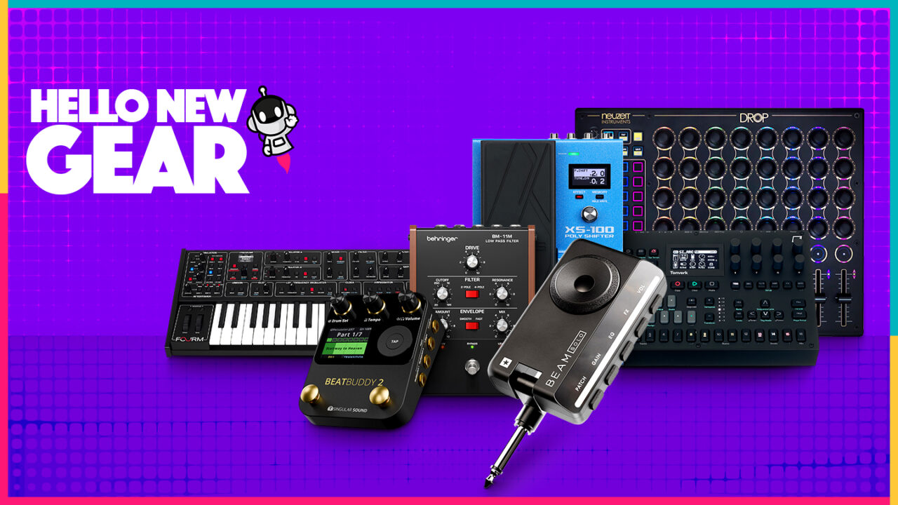 Hello New Gear oktober 2025 – Onze keuzes van nieuwe muziekproductiegear Inclusief synthesizers, effectpedalen, drummachines, audio-interfaces en controllers – op een kleurrijke tech-achtergrond met het ‘Hello New Gear’-logo.