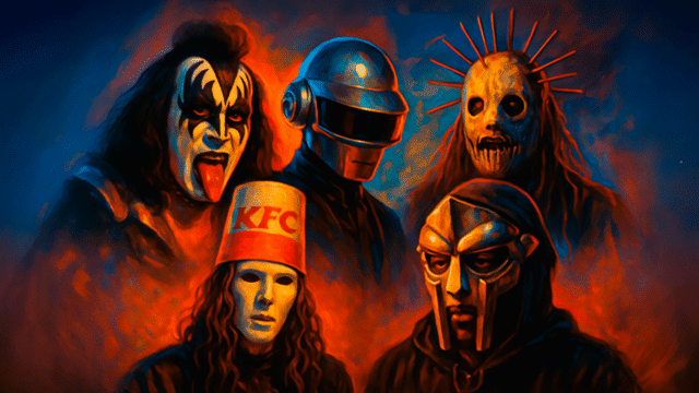 Vijf gemaskerde muzikanten, waaronder leden geïnspireerd door Kiss, Daft Punk, Slipknot, MF DOOM en Buckethead – representatief voor bands die maskers als handelsmerk gebruiken