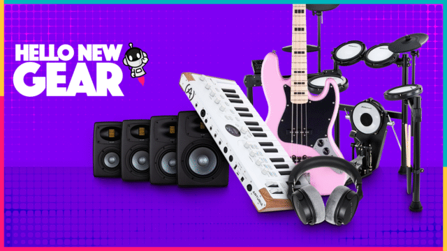 ‘Hello New Gear December 2025’. Headerafbeelding met diverse nieuwe muziekapparatuur, waaronder hoofdtelefoons, studiomonitoren, een synthesizerkeyboard, een roze basgitaar en een elektronisch drumstel.