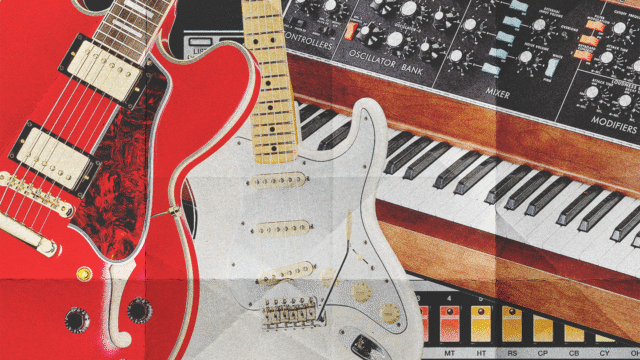 Instrumenten die het geluid van verschillende decennia hebben gevormd, met iconische elektrische gitaren, synthesizers en keyboards uit diverse muziekperiodes