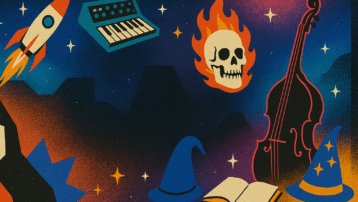 Geïllustreerde headerafbeelding die eigenzinnige rocksubgenres verbeeldt, met een schedel, muziekinstrumenten en surrealistische elementen geïnspireerd op experimentele rockmuziek.
