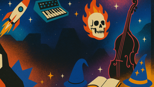 Geïllustreerde headerafbeelding die eigenzinnige rocksubgenres verbeeldt, met een schedel, muziekinstrumenten en surrealistische elementen geïnspireerd op experimentele rockmuziek.