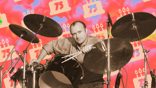 Phil Collins achter een drumkit met “75”-verjaardagsvisuals; viert zijn 75e verjaardag en carrière met Genesis en als soloartiest.