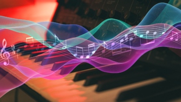 Synthtoetsen met kleurrijke soundwaves en muzieknoten, als beeld voor elektro-klassieke fusie en neoklassieke elektronica.
