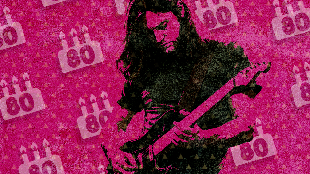 Illustratie van Pink Floyd-gitarist David Gilmour die elektrische gitaar speelt ter gelegenheid van zijn 80ste verjaardag.