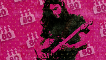 Illustratie van Pink Floyd-gitarist David Gilmour die elektrische gitaar speelt ter gelegenheid van zijn 80ste verjaardag.