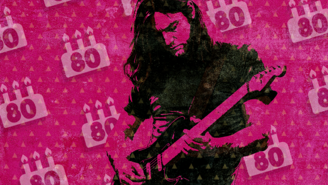 Illustratie van Pink Floyd-gitarist David Gilmour die elektrische gitaar speelt ter gelegenheid van zijn 80ste verjaardag.