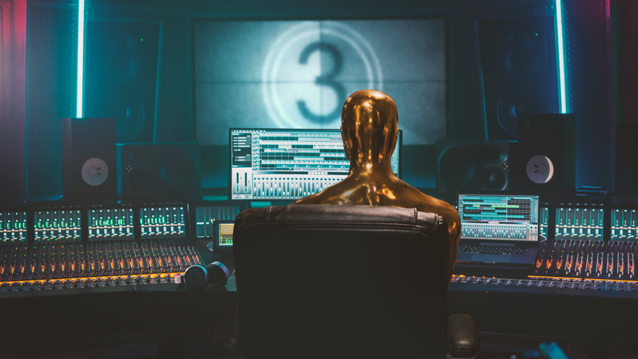 Filmcomponist aan het werk in een professionele studio met een mixingconsole en digitale audioworkstation terwijl hij cinematische muziek voor films componeert.