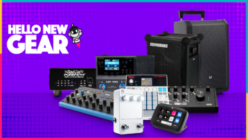 Nieuwe muziekapparatuur van april 2026, met onder andere de AKAI MPC Sample, Soundboks-speaker, synthesizer, audio-interface, effectpedalen en Stream Deck-controllers.