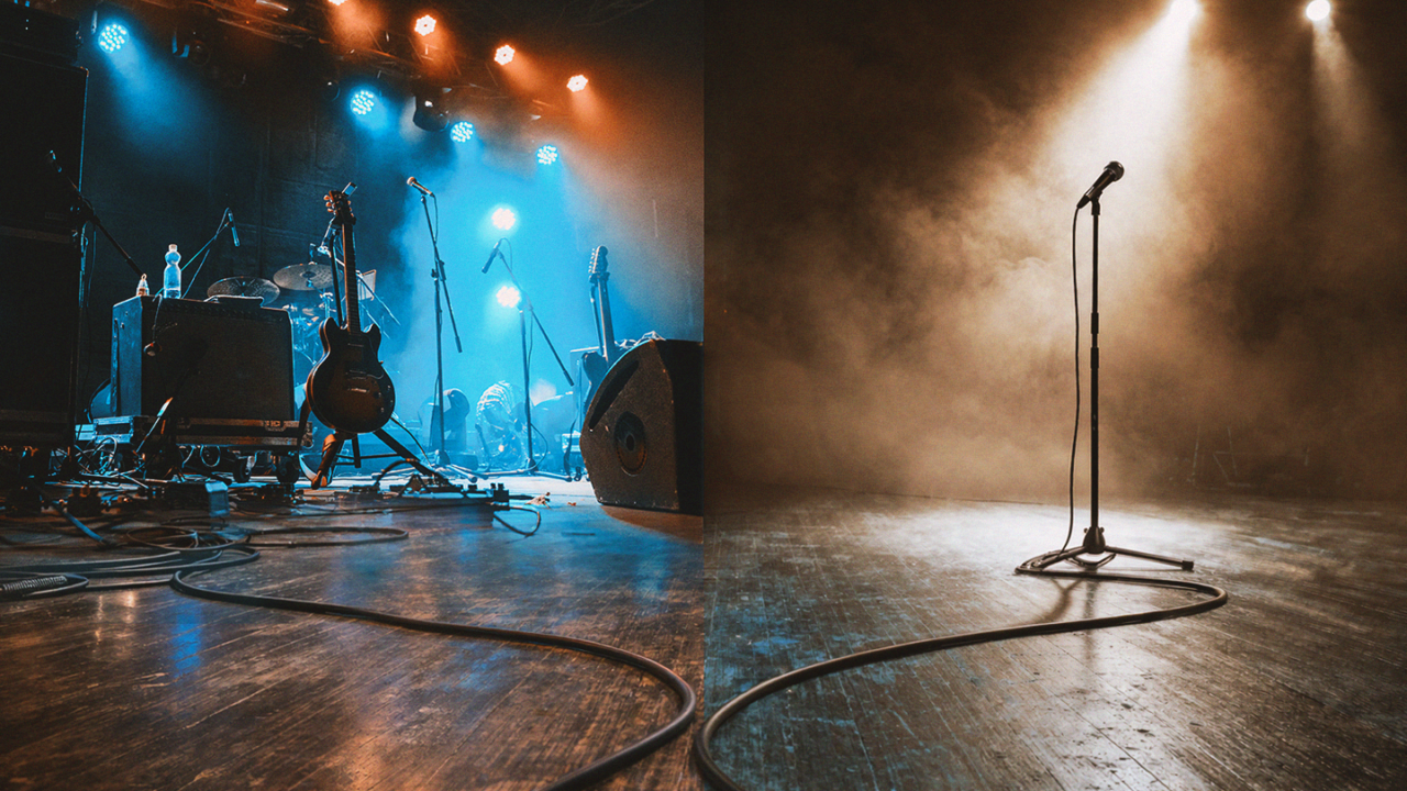 Gesplitst beeld met aan de ene kant een livepodium vol instrumenten en lichtinstallaties, en aan de andere kant een lege stage met één microfoon in een spotlicht