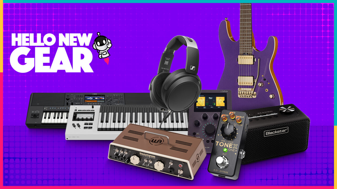 Collage van nieuwe muziekgear voor mei 2026 met elektrische gitaar, studiohoofdtelefoon, keyboard workstation, gitaarpedaal, mini-amp, audio-interface en reamp-box op een paarse achtergrond