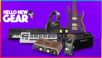 Collage van nieuwe muziekgear voor mei 2026 met elektrische gitaar, studiohoofdtelefoon, keyboard workstation, gitaarpedaal, mini-amp, audio-interface en reamp-box op een paarse achtergrond