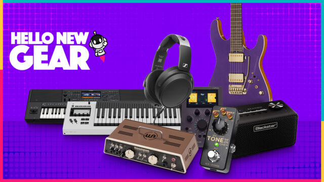 Collage van nieuwe muziekgear voor mei 2026 met elektrische gitaar, studiohoofdtelefoon, keyboard workstation, gitaarpedaal, mini-amp, audio-interface en reamp-box op een paarse achtergrond