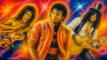 Illustratie van Michael Jackson samen met legendarische gitaristen Eddie Van Halen en Slash, als eerbetoon aan iconische muzikale samenwerkingen.