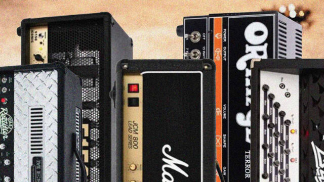Collage van iconische amps, waaronder Marshall-, Orange-, Peavey- en Mesa-achtige versterkertops