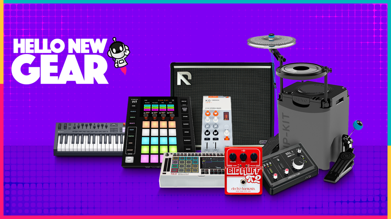 Nieuwe muziekgear van juni 2026, waaronder een drumkit, MIDI-keyboard, audio-interface, mixer, versterker, MPC-sampler, fuzzpedaal en DMX-controller.