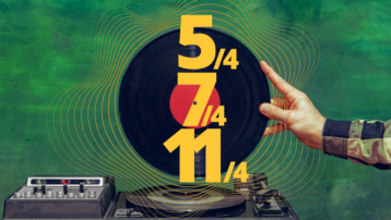 Vinylplaat met maatsoorten 5/4, 7/4 en 11/4, als illustratie van bekende nummers die gebruikmaken van ongewone maatsoorten.