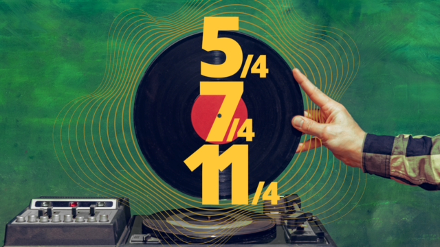Vinylplaat met maatsoorten 5/4, 7/4 en 11/4, als illustratie van bekende nummers die gebruikmaken van ongewone maatsoorten.