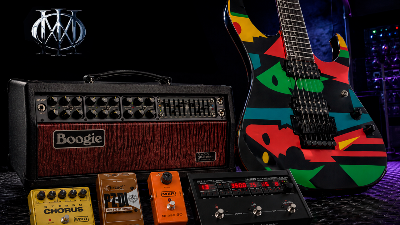Dream Theater-gitaar-rig met Mesa/Boogie-versterker, elektrische gitaar en effectpedalen.