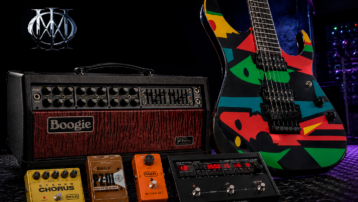 Dream Theater-gitaar-rig met Mesa/Boogie-versterker, elektrische gitaar en effectpedalen.