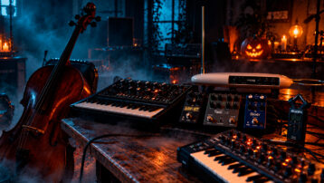 Halloween-sounddesignsetup met synthesizers, effectpedalen, een theremin en een cello om griezelige geluiden te creëren.