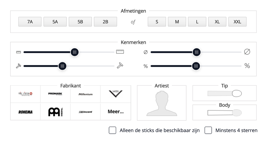 Filters van de Thomann Woodpicker om drumstokken te selecteren op maat, eigenschappen, fabrikant, artiest, tip en body.