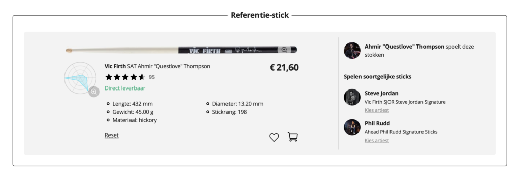 De Thomann Woodpicker met de signature-drumstokken van Questlove van Vic Firth als referentie, naast vergelijkbare artist-modellen.